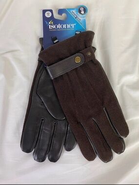 Isotoner Men's Smart Touch Leather Palm Flannel Gloves Saddle Brown sz. XL NWT